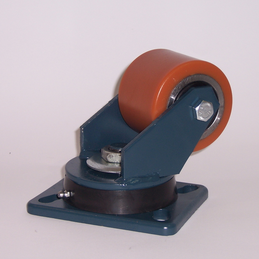 Ruote serie RT con supporto E70 Rulli transpallet in poliuretano colato 95 Sh.A. con mozzo in acciaio. Disponibili con o senza cuscinetti cuscinetti a sfere. Ruota con cuscinetti a sfere.