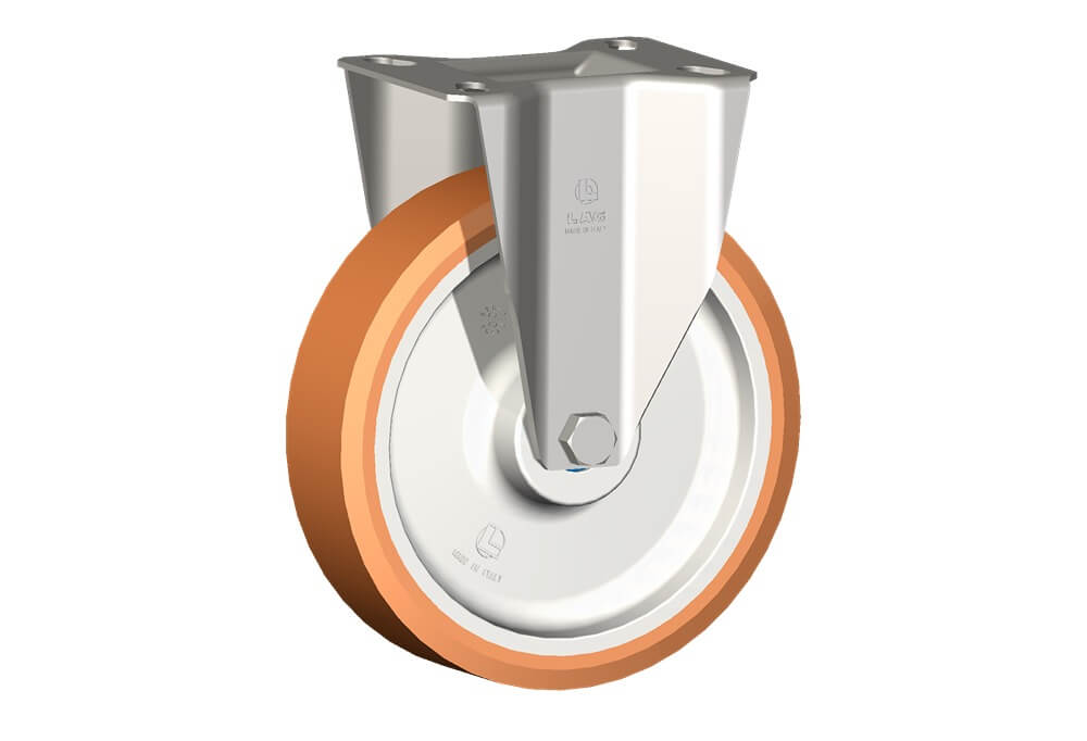 Ruote serie A con supporto INOX20 Ruote in poliuretano colato 95 Sh.A. con mozzo in polyammide 6. Organo di rotolamento: cuscinetto a rullini inox.