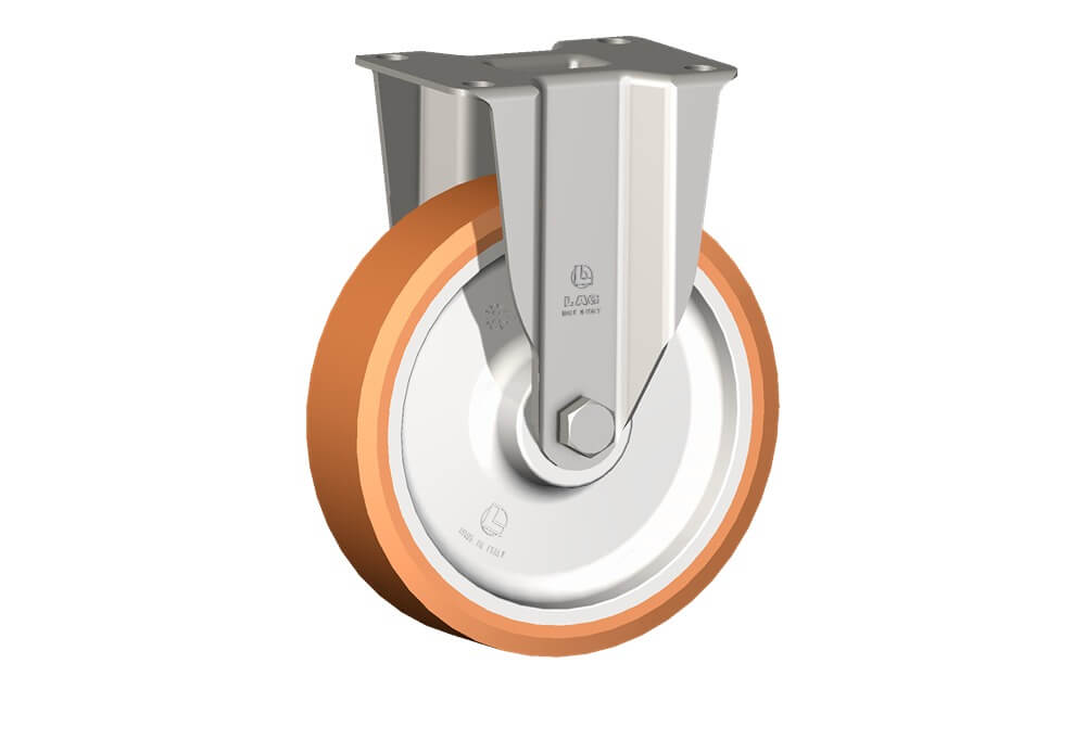 Ruote serie A con supporto INOX40 Ruote in poliuretano colato 95 Sh.A. con mozzo in polyammide 6. Organo di rotolamento: cuscinetto a rullini inox.