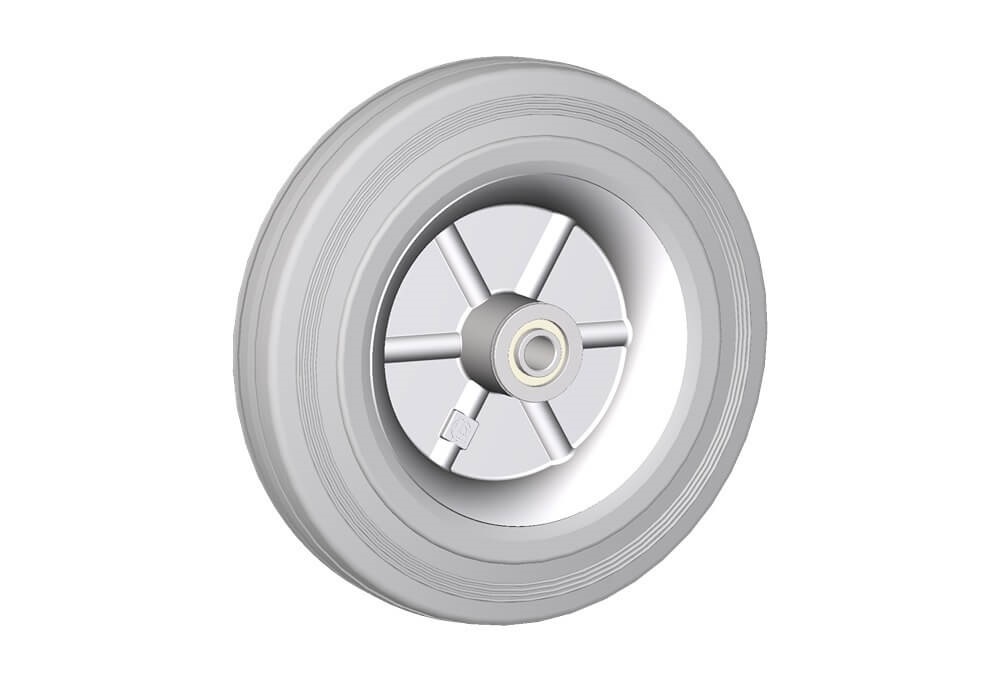Wheels series BG BETA-G - Wheels with elastic grey rubber ring on welded steel discs with ball bearings, roller bearings or nylon friction bearings.