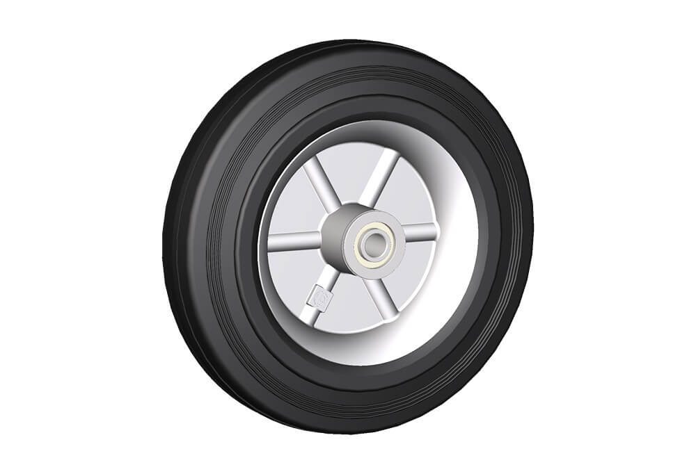Wheels series B BETA - Wheels with black rubber ring on welded steel discs fitted with ball bearings, roller bearings or nylon friction bearings.