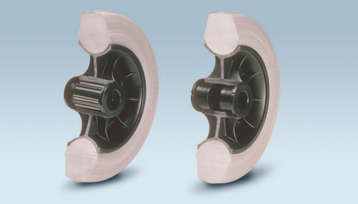 Wheels series DG DELTA-G - Wheels with elastic grey rubber ring on a thermoplastic core, with standard or stainless steel roller bearings or nylon friction bearings.