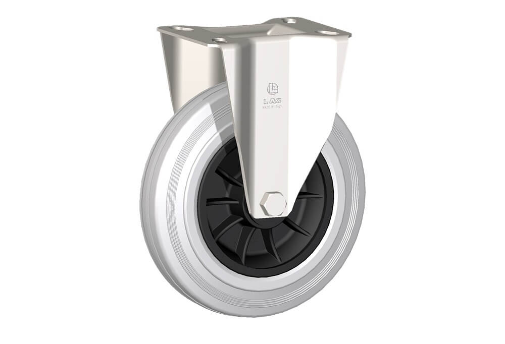 Ruote serie DG con supporto INOX20 Ruote con anello in gomma grigia elastica e mozzo in materiale termoplastico, disponibili con cuscinetti a rullini standard o inox e con boccole di nylon. Organo di rotolamento: cuscinetto a rullini inox.