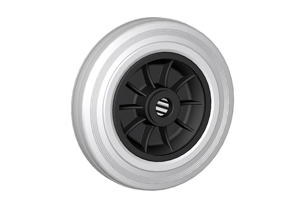 Wheels series DG DELTA-G - Wheels with elastic grey rubber ring on a thermoplastic core, with standard or stainless steel roller bearings or nylon friction bearings.