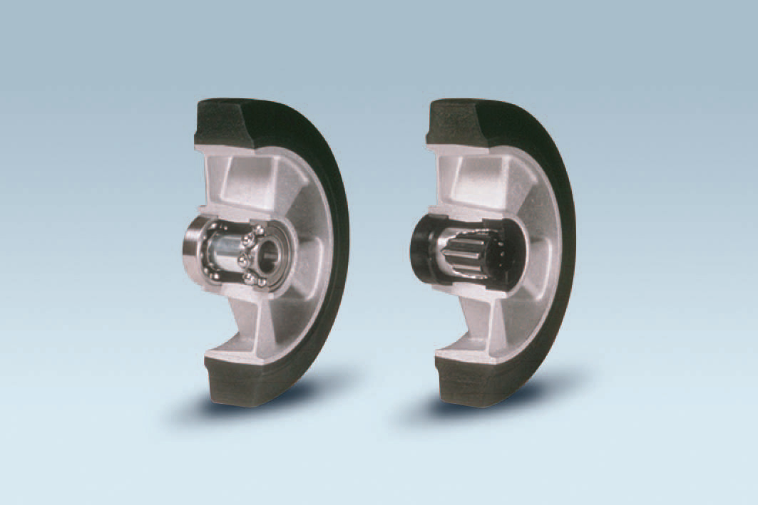 Wheels series E ELASTIC - Wheels with elastic solid rubber tyre bonded to die-cast aluminum centre. Available with ball bearings or roller bearings.