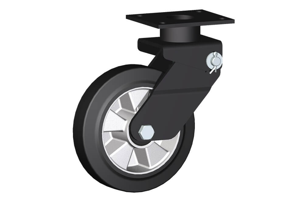 Ruote serie E con supporto M34 Ruote in gomma elastica nera e mozzo in alluminio pressofuso. Disponibili con cuscinetti a sfere o rullini. Ruota con cuscinetti a sfere.