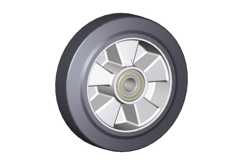 Wheels series E ELASTIC - Wheels with elastic solid rubber tyre bonded to die-cast aluminum centre. Available with ball bearings or roller bearings.