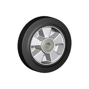 Wheels series E ELASTIC - Wheels with elastic solid rubber tyre bonded to die-cast aluminum centre. Available with ball bearings or roller bearings.