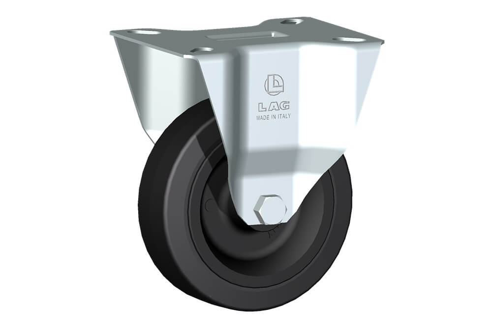 Ruote serie FN con supporto M22 Ruote per alte temperature (250°C) e superfici in buono stato. Anello in gomma tenera antitraccia e mozzo a foro passante. Per movimentazioni manuali. Non idoneo per impieghi gravosi. Portate secondo EN12527 e EN12532 senza applicare ostacoli. Se presente, non utilizzare il freno a temperature > 40°C. Ruota a foro passante.