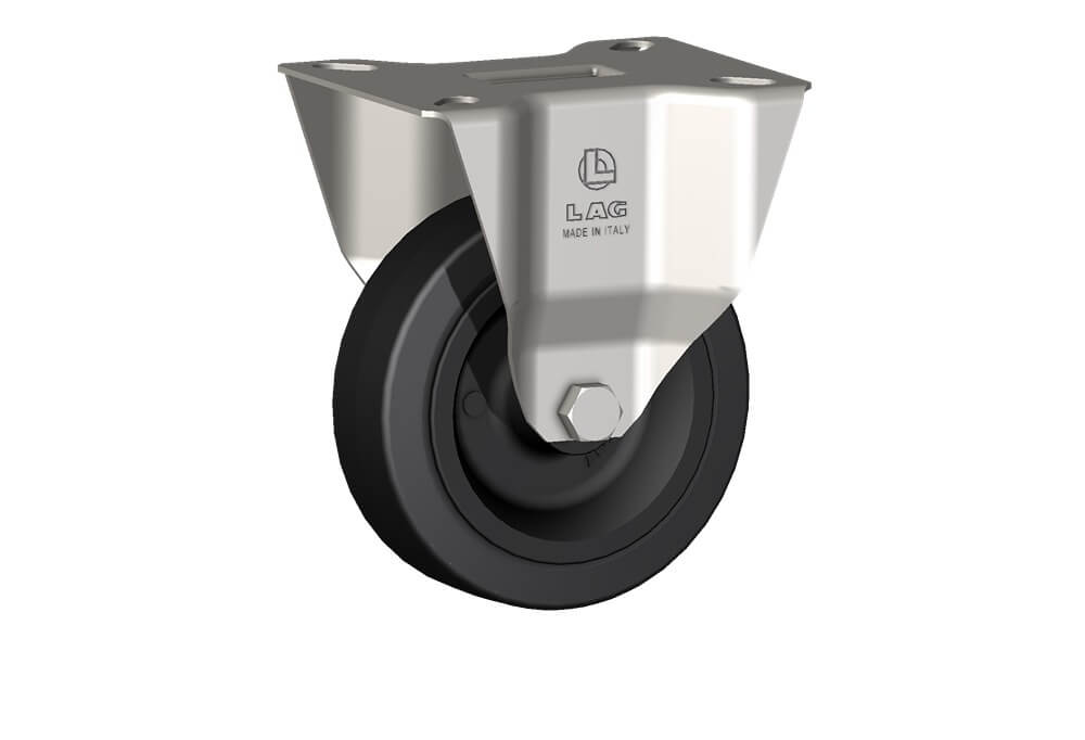 Ruote serie FN con supporto INOX20 Ruote per alte temperature (250°C) e superfici in buono stato. Anello in gomma tenera antitraccia e mozzo a foro passante. Per movimentazioni manuali. Non idoneo per impieghi gravosi. Portate secondo EN12527 e EN12532 senza applicare ostacoli. Se presente, non utilizzare il freno a temperature > 40°C. Ruota a foro passante.