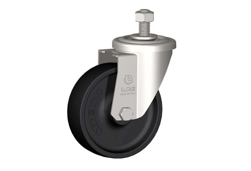 Ruote serie FS con supporto INOX20 Ruote per alte temperature (270°) in composto speciale termoresistente e con elevata resistenza meccanica e agli urti. Portate secondo EN12527 e EN12532 senza ostacoli. Se presente, non utilizzare il freno a temperature > 40°C. Ruota a foro passante.
