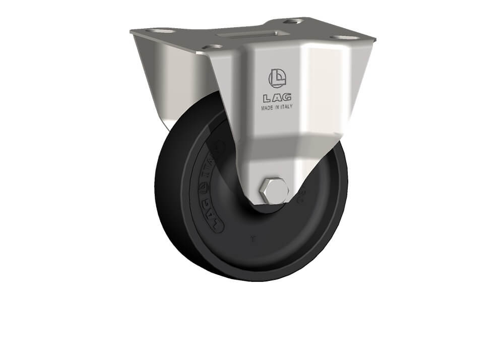 Ruote serie FS con supporto INOX20 Ruote per alte temperature (270°) in composto speciale termoresistente e con elevata resistenza meccanica e agli urti. Portate secondo EN12527 e EN12532 senza ostacoli. Se presente, non utilizzare il freno a temperature > 40°C. Ruota a foro passante.