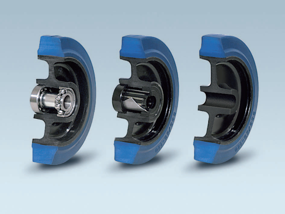 Wheels series LB LAMBDA-B - Wheels with black polyamide 6 centre, blue elastic non-marking rubber mould-on solid tyre available with ball bearings, standard or stainless steel roller bearings od plain bore.