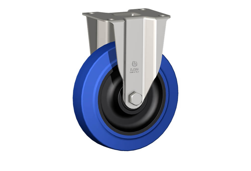 Ruote serie LB con supporto INOX40 Ruote in gomma elastica antitraccia blu con mozzo in polyammide 6 neroo. Disponibili con cuscinetti a sfere di precisione schermati o inox a tenuta st agna; rullini standard o inox o a foro passante. Ruota con cuscinetti a sfere di precisione in inox a tenuta stagna (2RS).