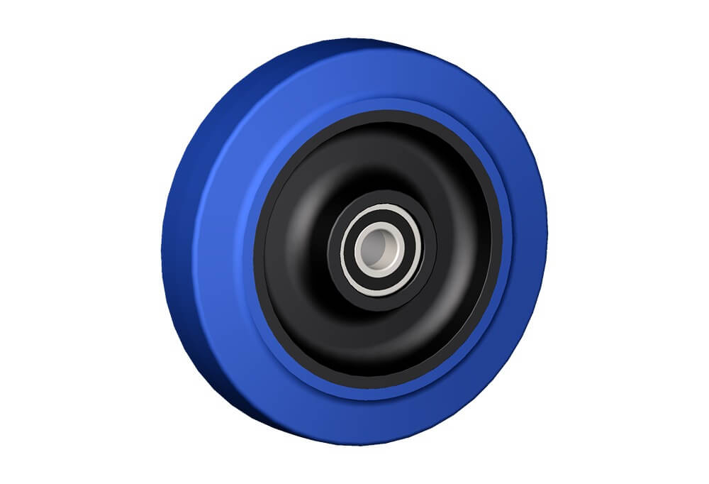 Wheels series LB LAMBDA-B - Wheels with black polyamide 6 centre, blue elastic non-marking rubber mould-on solid tyre available with ball bearings, standard or stainless steel roller bearings od plain bore.