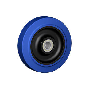 Wheels series LB LAMBDA-B - Wheels with black polyamide 6 centre, blue elastic non-marking rubber mould-on solid tyre available with ball bearings, standard or stainless steel roller bearings od plain bore.