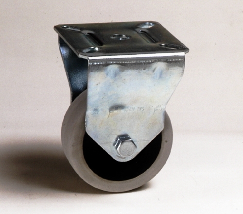 Ruote serie M con supporto M22 Ruote per mobilio e per arredamento interni. Ruota a foro passante.<br/>Ruota con battistrada in gomma grigia e nucleo in materiale termoplastico nero su supporto fisso.