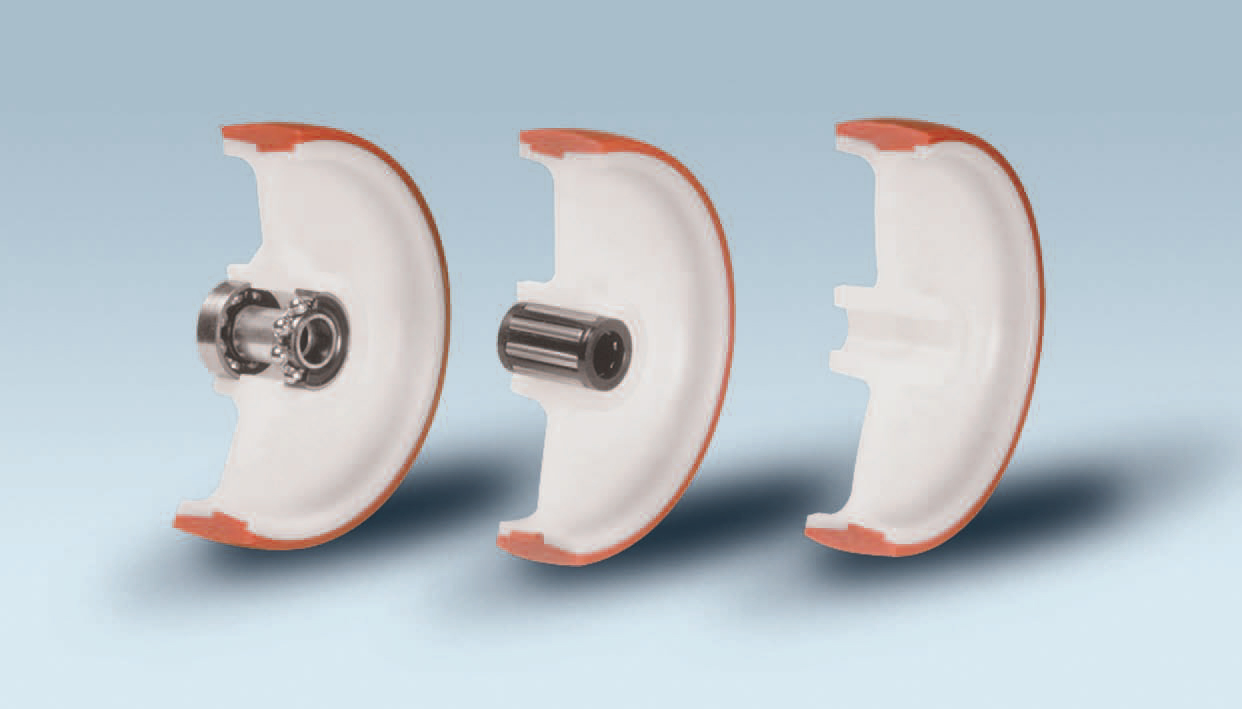Räder Serie N NYLPOL - Radkern aus Polyamid 6, Beschichtung aus Spritzguss Polyurethan 58 Sh.D; Lagerung abgeschirmte Rillenkugellager, standard oder rostfreies Rollenkorblager, Gleitlager.