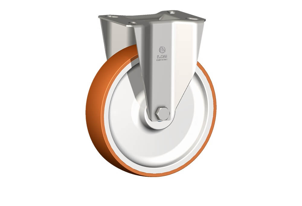 Ruote serie N con supporto INOX20 Ruote in poliuretano termoplastico 58 Sh.D. con con mozzo in polyammide 6. Disponibili con cuscinetti a sfere di precisione schermati o inox a rullini standard o inox e foro passante. Organo di rotolamento: cuscinetto a rullini inox.