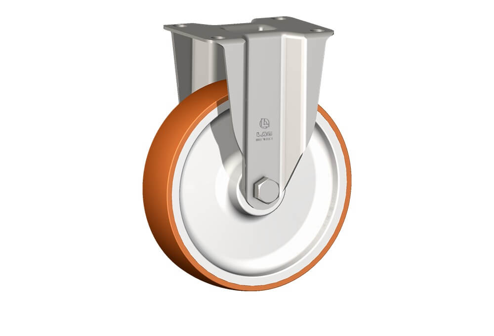 Ruote serie N con supporto INOX40 Ruote in poliuretano termoplastico 58 Sh.D. con con mozzo in polyammide 6. Disponibili con cuscinetti a sfere di precisione schermati o inox a rullini standard o inox e foro passante. Ruota a foro passante.