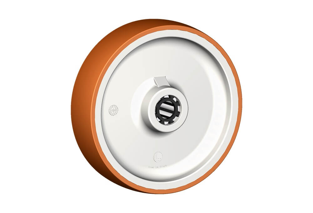Wheels series N NYLPOL - Wheels with injected polyurethane coating 58 Sh.D on polyamide 6 center. Available with standard shielded or stainless steel sealed precision ball bearings; standard or stainless steel roller bearings; plain bore.