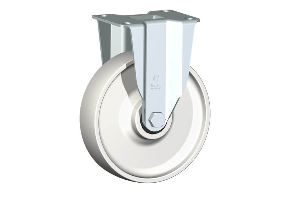 Ruote serie P con supporto M40 Ruote monolitiche in polyammide 6 disponibili con cuscinetti a sfere di precisione schermati o inox, rullini standard o inox e a foro passante. Ruota a foro passante.