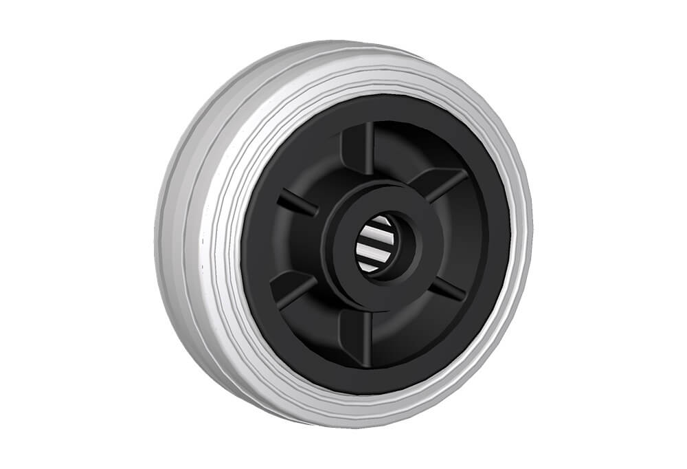 Wheel series DG Wheels with elastic grey rubber ring on a thermoplastic core, with standard or stainless steel roller bearings or nylon friction bearings.