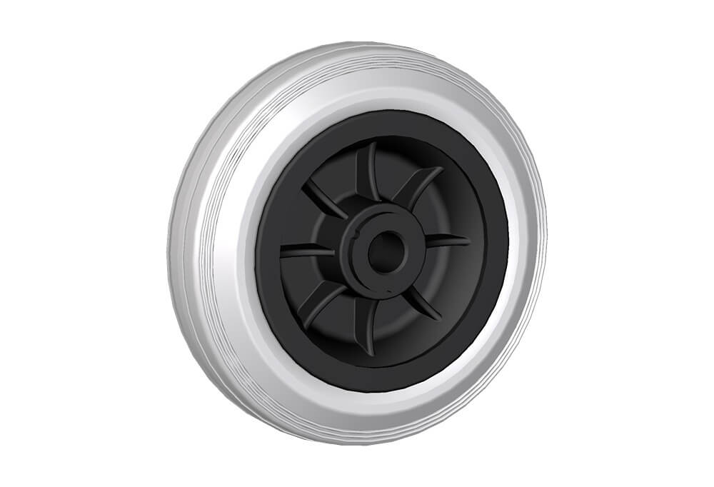 Wheel series DG Wheels with elastic grey rubber ring on a thermoplastic core, with standard or stainless steel roller bearings or nylon friction bearings.