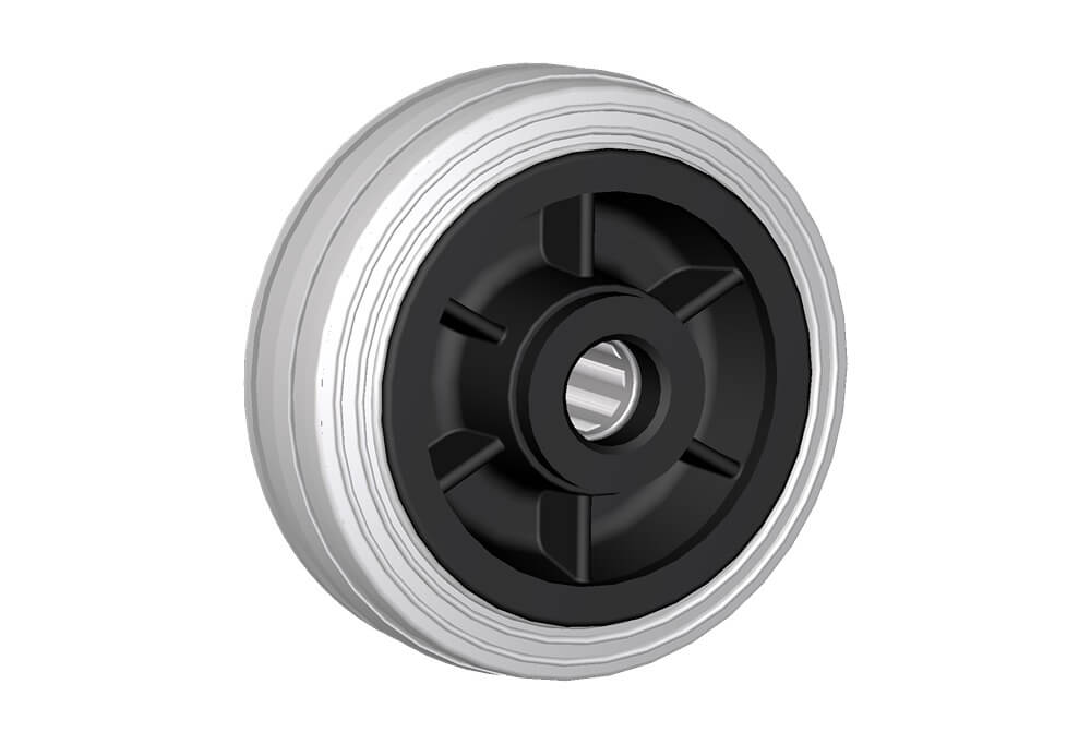 Roue série DG - Roues avec anneaux en caoutchouc gris. moyeu en matière termoplasthique, disponibles avec roulements à rouleaux standard ou inox à bagues en nylon.
