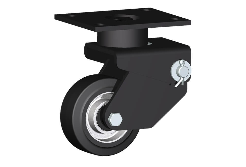 Wheel series E with fork M34 Wheels with elastic solid rubber tyre bonded to die-cast aluminum centre. Available with ball bearings or roller bearings. Wheel fitted with ball bearings.