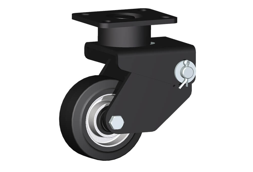 Wheel series E with fork M34 Wheels with elastic solid rubber tyre bonded to die-cast aluminum centre. Available with ball bearings or roller bearings. Wheel fitted with standard roller bearing.