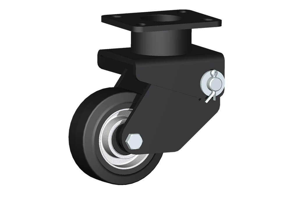 Wheel series E with fork M34 Wheels with elastic solid rubber tyre bonded to die-cast aluminum centre. Available with ball bearings or roller bearings. Wheel fitted with ball bearings.