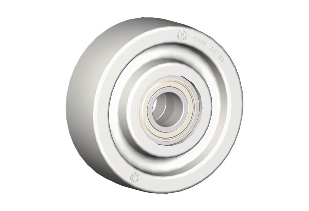 Wheel series P Monolitic polyammide 6 wheels available with standard shielded or stainless steel precision ball bearings; standard or stainless steel roller bearing; plain bore.