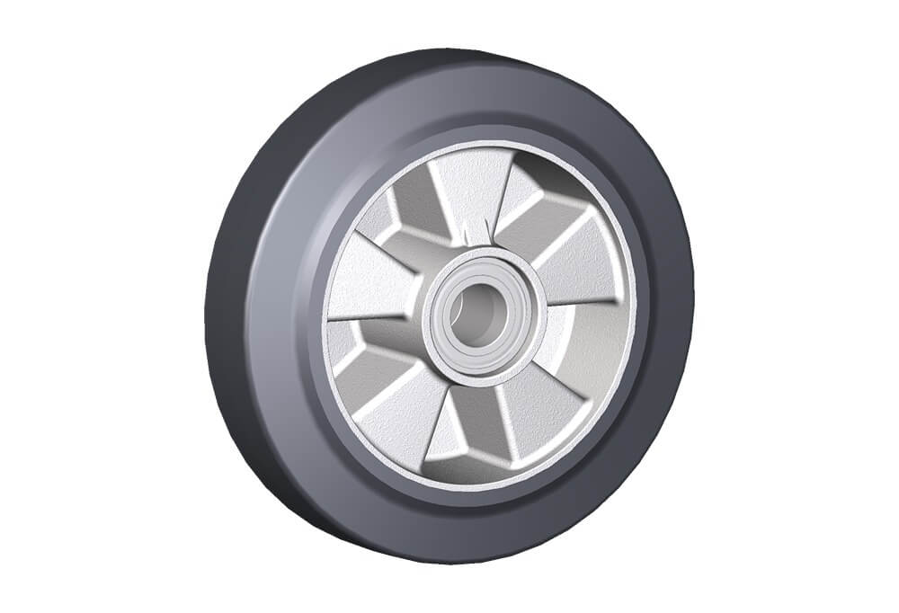 Wheel series E Wheels with elastic solid rubber tyre bonded to die-cast aluminum centre. Available with ball bearings or roller bearings.