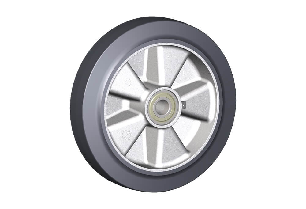 Wheel series E Wheels with elastic solid rubber tyre bonded to die-cast aluminum centre. Available with ball bearings or roller bearings.