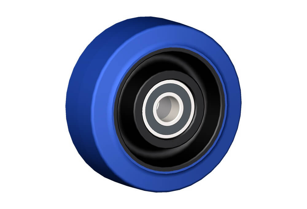 Wheel series LB Wheels with black polyamide 6 centre, blue elastic non-marking rubber mould-on solid tyre available with ball bearings, standard or stainless steel roller bearings od plain bore.