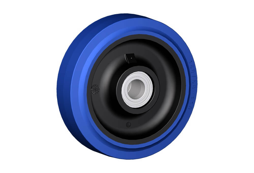 Wheel series LB Wheels with black polyamide 6 centre, blue elastic non-marking rubber mould-on solid tyre available with ball bearings, standard or stainless steel roller bearings od plain bore.