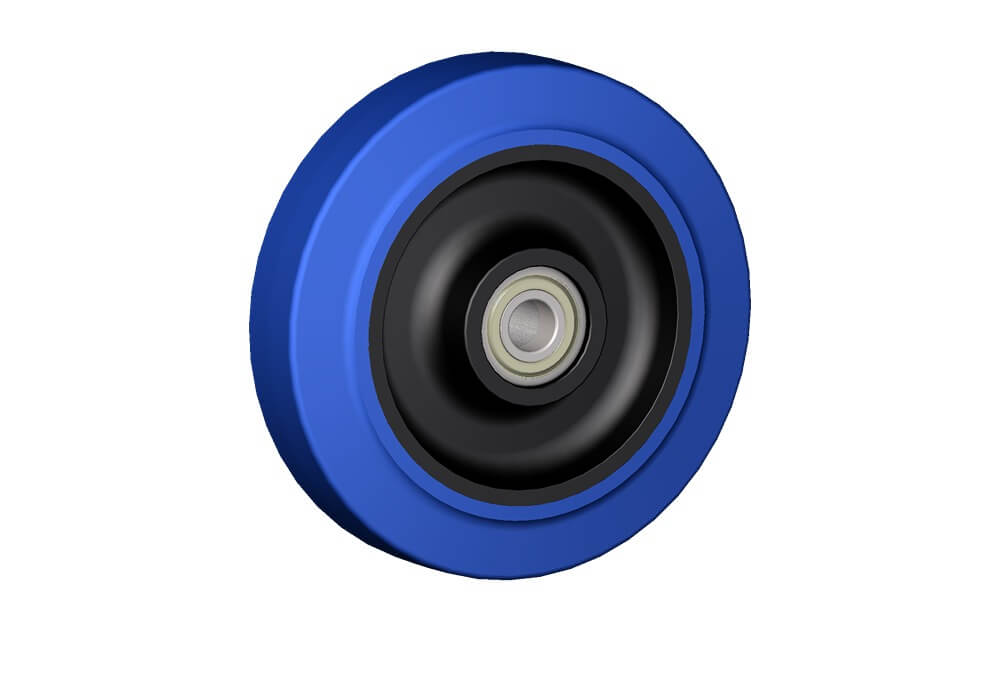 Wheel series LB Wheels with black polyamide 6 centre, blue elastic non-marking rubber mould-on solid tyre available with ball bearings, standard or stainless steel roller bearings od plain bore.