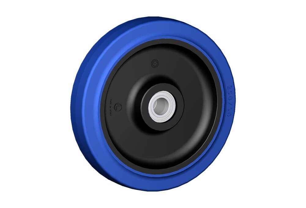 Wheel series LB Wheels with black polyamide 6 centre, blue elastic non-marking rubber mould-on solid tyre available with ball bearings, standard or stainless steel roller bearings od plain bore.