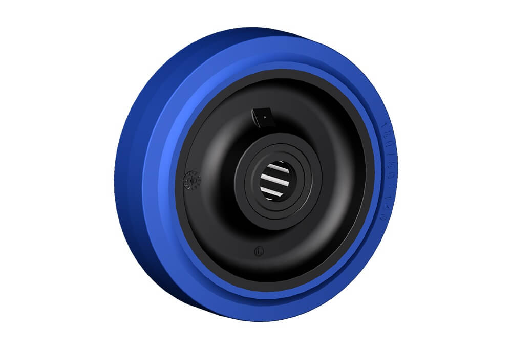 Wheel series LB Wheels with black polyamide 6 centre, blue elastic non-marking rubber mould-on solid tyre available with ball bearings, standard or stainless steel roller bearings od plain bore.