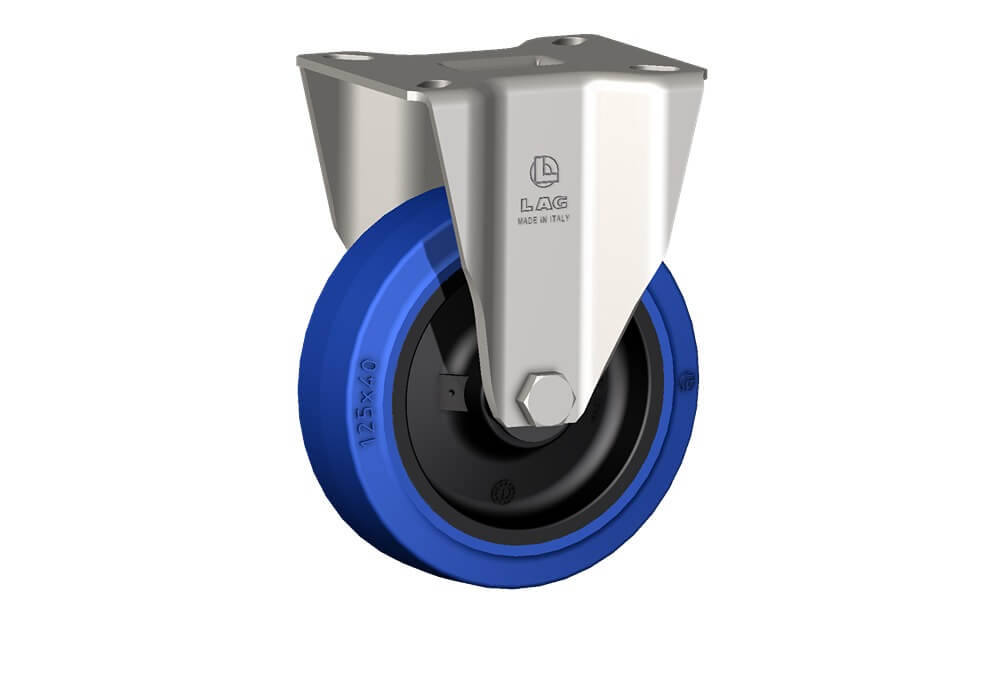 Wheel series LB with fork INOX40 Wheels with black polyamide 6 centre, blue elastic non-marking rubber mould-on solid tyre available with ball bearings, standard or stainless steel roller bearings od plain bore. Wheel fitted with stainless steel roller bearing.