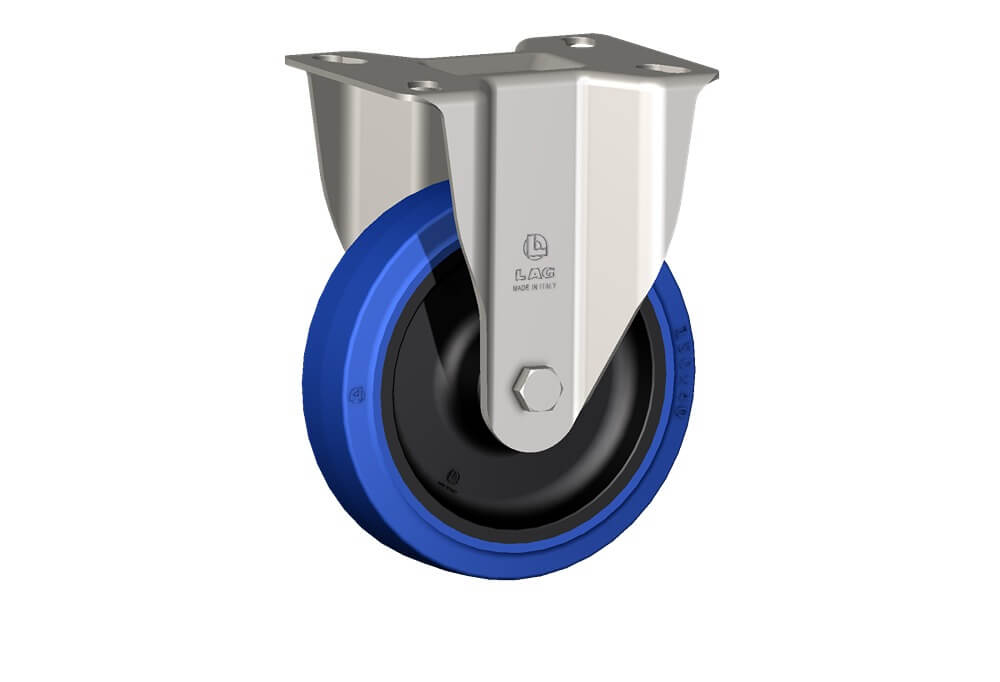 Wheel series LB with fork INOX40 Wheels with black polyamide 6 centre, blue elastic non-marking rubber mould-on solid tyre available with ball bearings, standard or stainless steel roller bearings od plain bore. Wheel fitted with stainless steel roller bearing.