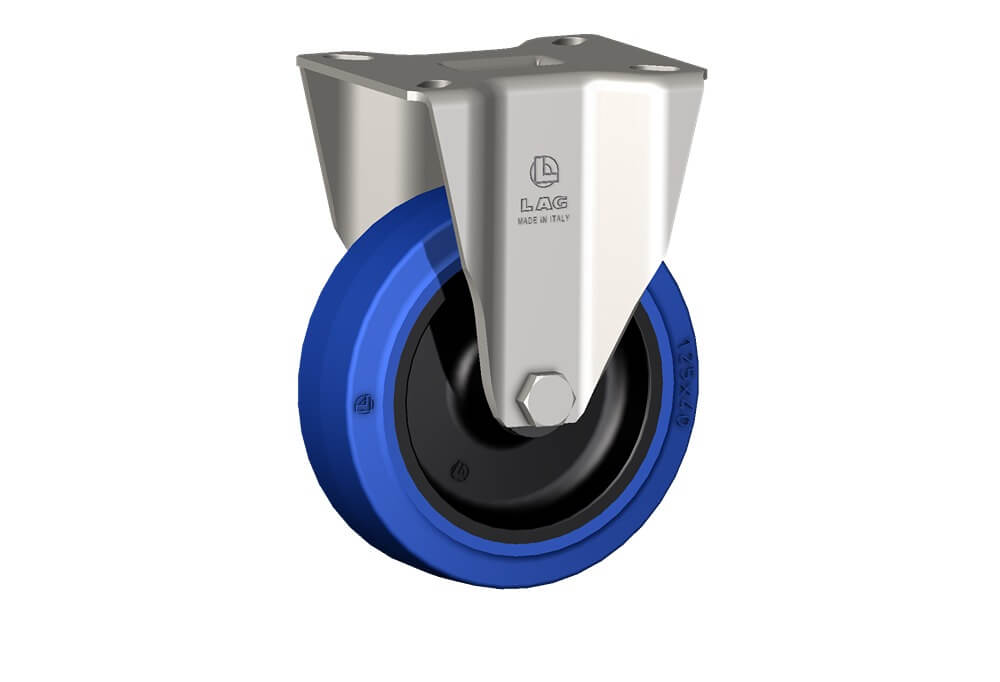 Wheel series LB with fork INOX40 Wheels with black polyamide 6 centre, blue elastic non-marking rubber mould-on solid tyre available with ball bearings, standard or stainless steel roller bearings od plain bore. Plain bore wheel.
