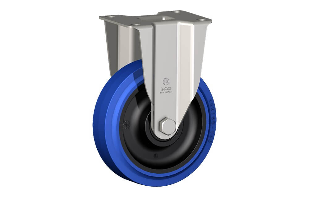 Wheel series LB with fork INOX40 Wheels with black polyamide 6 centre, blue elastic non-marking rubber mould-on solid tyre available with ball bearings, standard or stainless steel roller bearings od plain bore. Wheel fitted with precision stainless steel ballbearings, sealed (2RS).