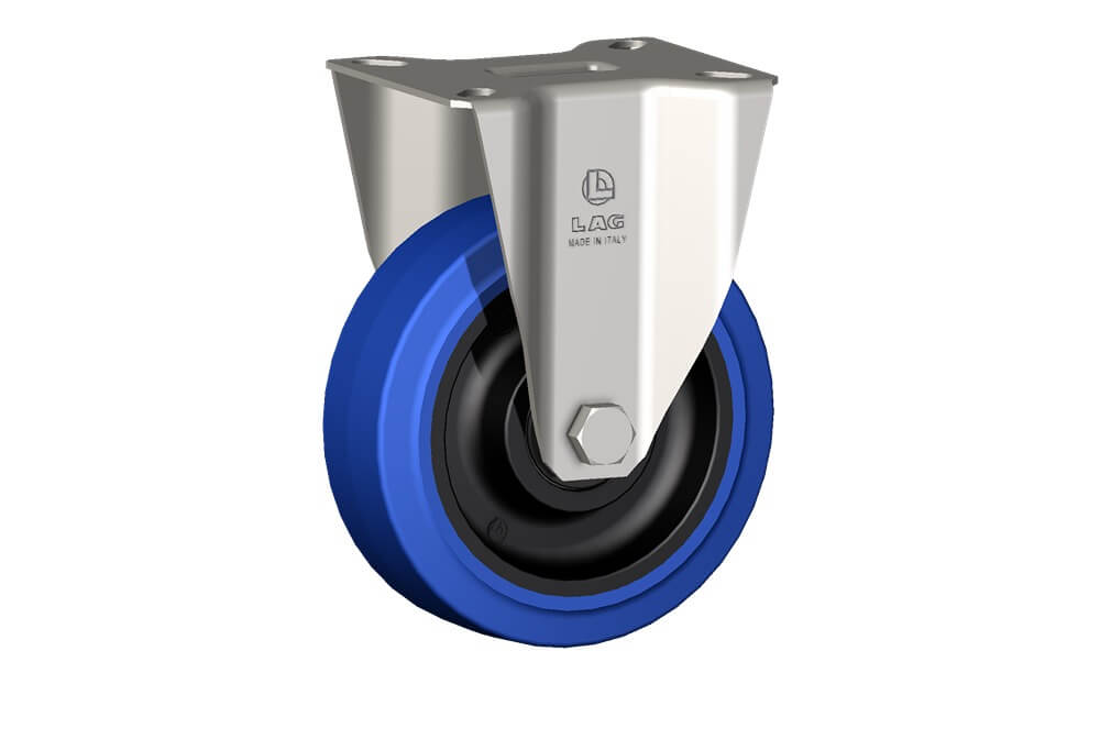 Wheel series LB with fork INOX20 Wheels with black polyamide 6 centre, blue elastic non-marking rubber mould-on solid tyre available with ball bearings, standard or stainless steel roller bearings od plain bore. Wheel fitted with precision stainless steel ballbearings, sealed (2RS).
