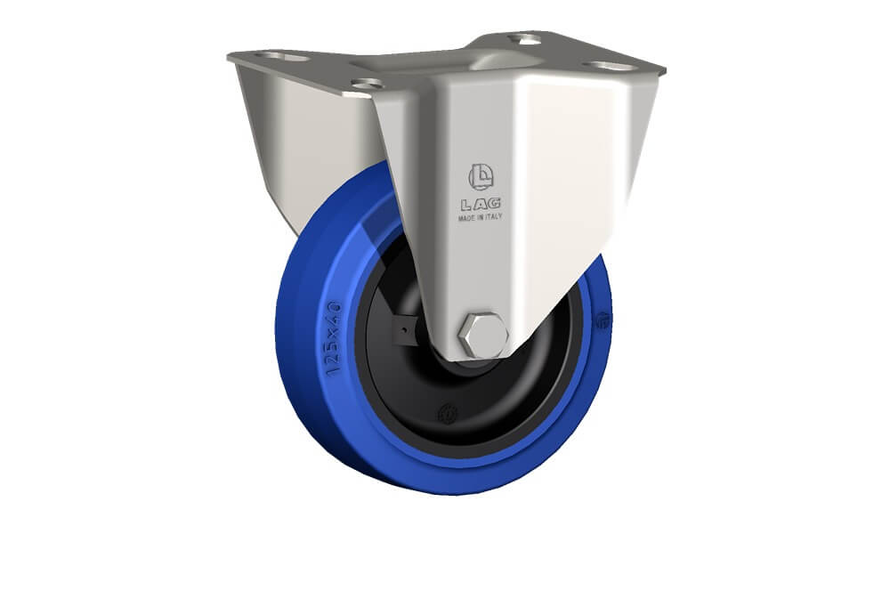 Wheel series LB with fork INOX20 Wheels with black polyamide 6 centre, blue elastic non-marking rubber mould-on solid tyre available with ball bearings, standard or stainless steel roller bearings od plain bore. Wheel fitted with stainless steel roller bearing.