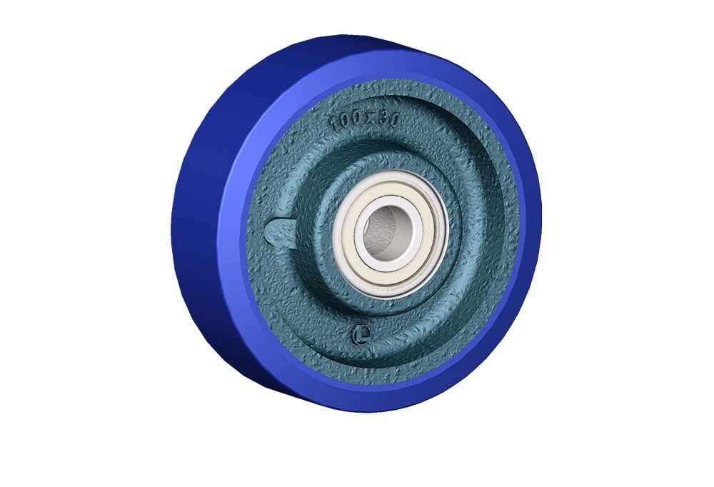 Wheel series ZS Castiron wheels with soft blue polurethane coating 87 Sh.A; available with shielded precision ball bearings.