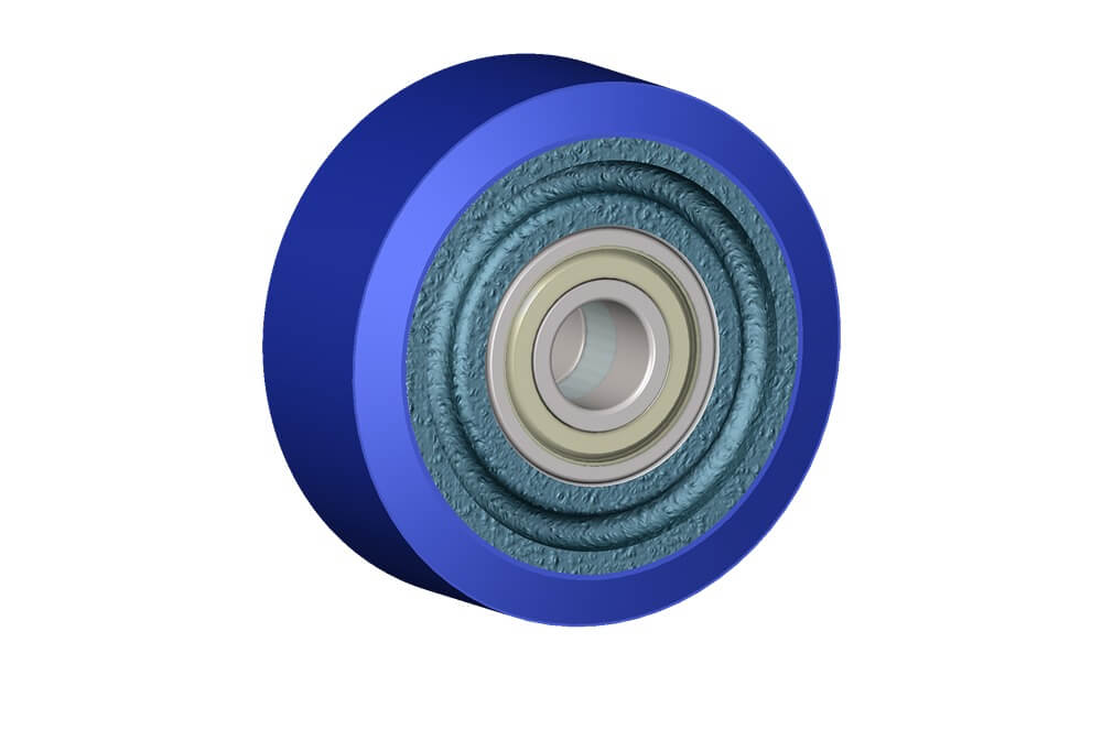 Roue série ZS - Roues en fonte avec bandage en polyuréthane souple coulé 87 Sh.A (bleu) avec roulement à billes de précision protégés.