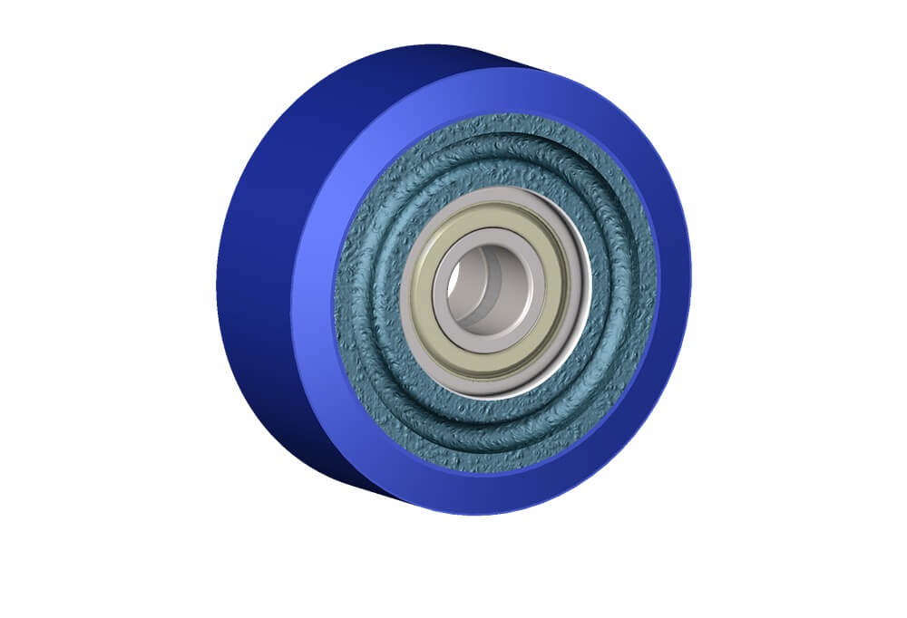 Roue série ZS - Roues en fonte avec bandage en polyuréthane souple coulé 87 Sh.A (bleu) avec roulement à billes de précision protégés.