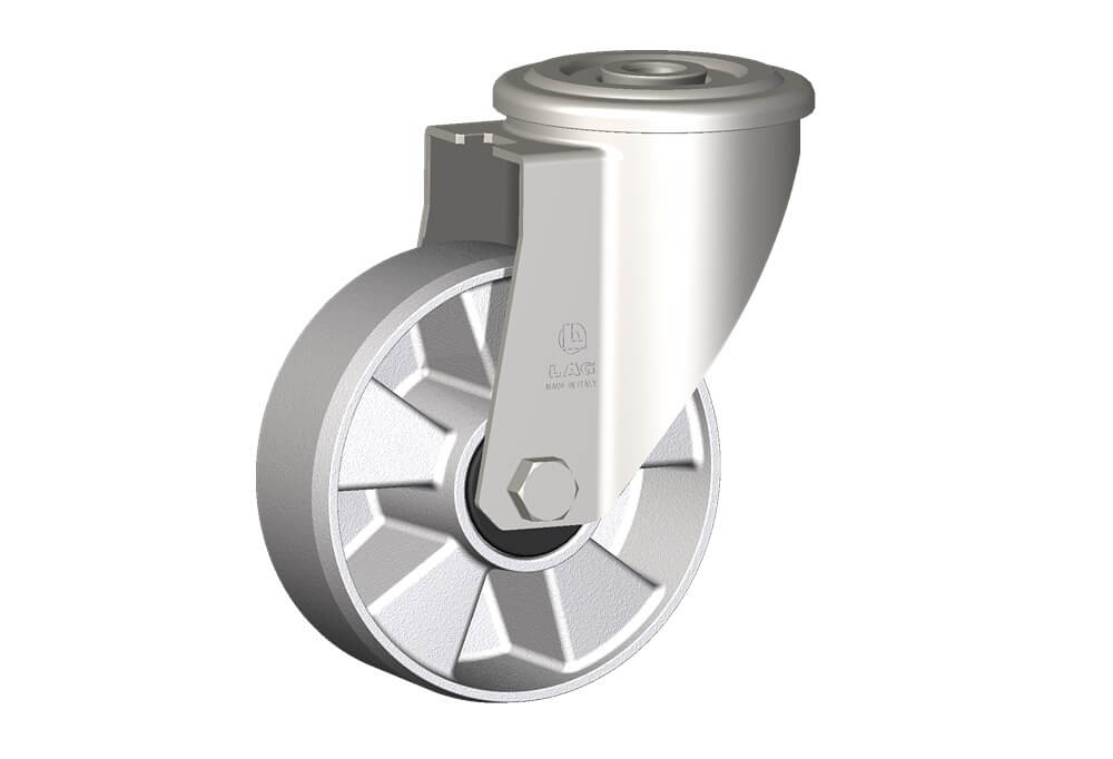 Wheel series U with fork INOX20 Die-cast aluminium wheels, for high temperature applications: -40°C / +270°C (-40°F / +518°F). Available with standard or stainless steel ball bearings. Wheel fitted with precision stainless steel ballbearings, sealed (2RS).
